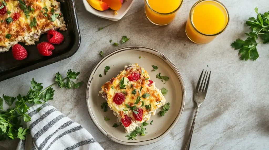 Individual servings of gluten-free breakfast casserole with fruit.