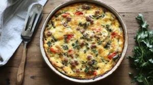 Overhead view of gluten-free breakfast casserole in a ceramic dish.