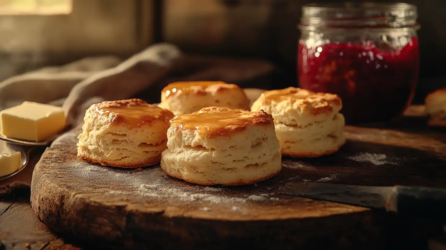 Golden butter swim biscuits with jam and melted butter in a rustic kitchen.