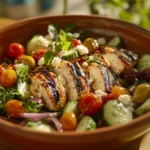 Greek chicken salad with grilled chicken, fresh vegetables, and feta