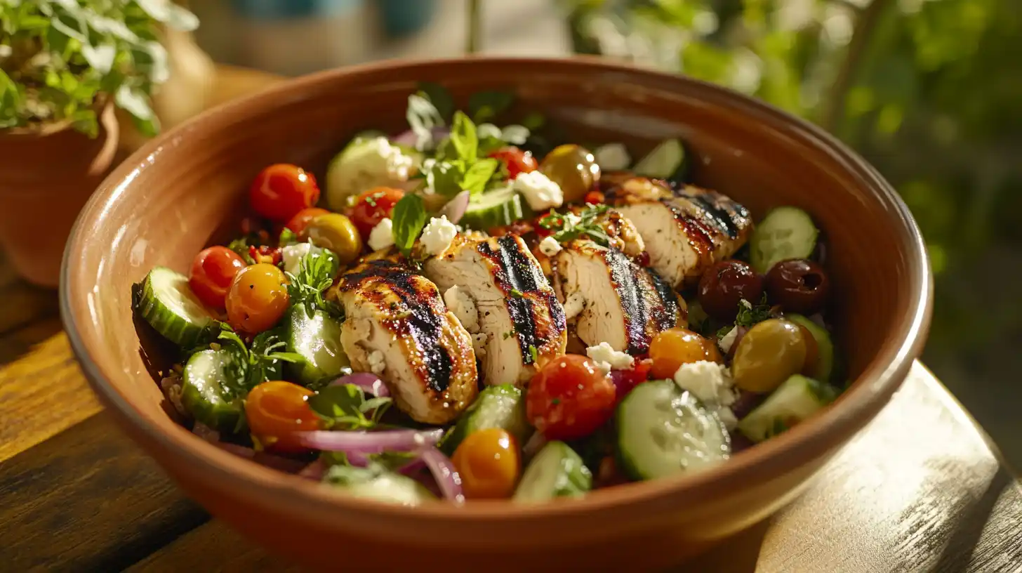 Greek chicken salad with grilled chicken, fresh vegetables, and feta