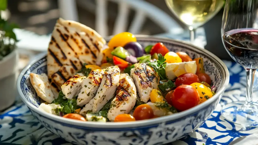 Greek chicken salad served with pita bread and wine