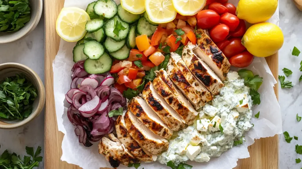 Greek chicken salad wrap with tzatziki and vegetables