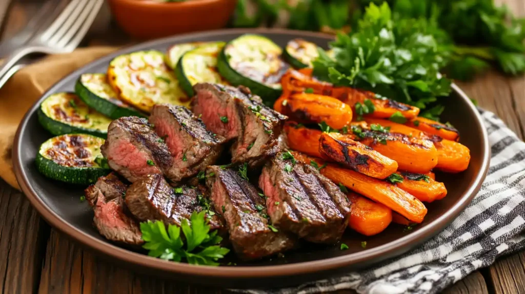 Grilled beef heart served with roasted vegetables and fresh parsley garnish