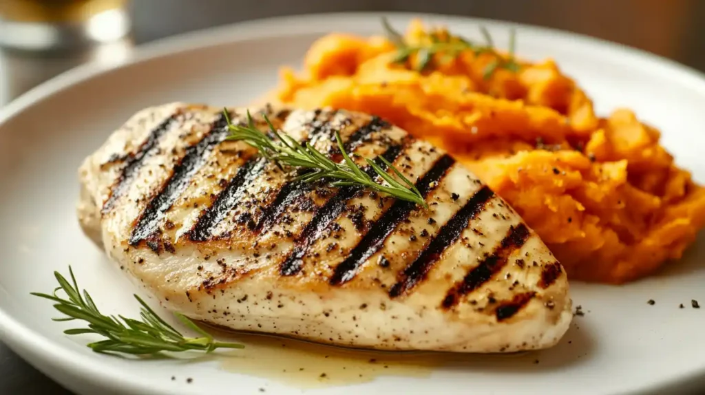 Grilled chicken breast with steamed asparagus and sweet potato mash on a white plate.