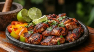 A vibrant platter of grilled Mexican chicken with fresh lime and cilantro.