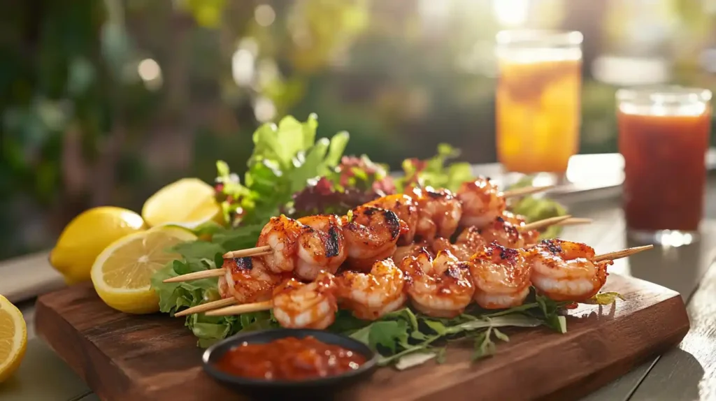 Grilled shrimp skewers drizzled with spicy sauce.