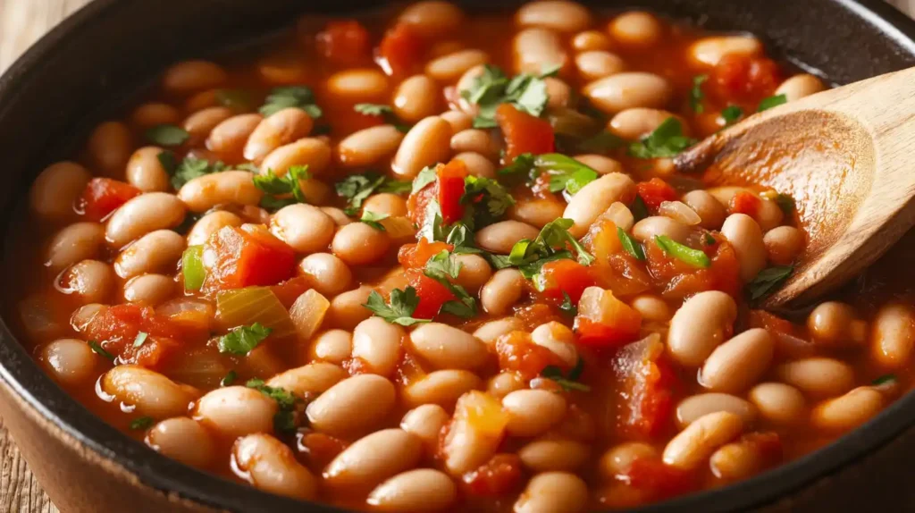 A pot of habichuelas guisadas simmering with herbs and spices.