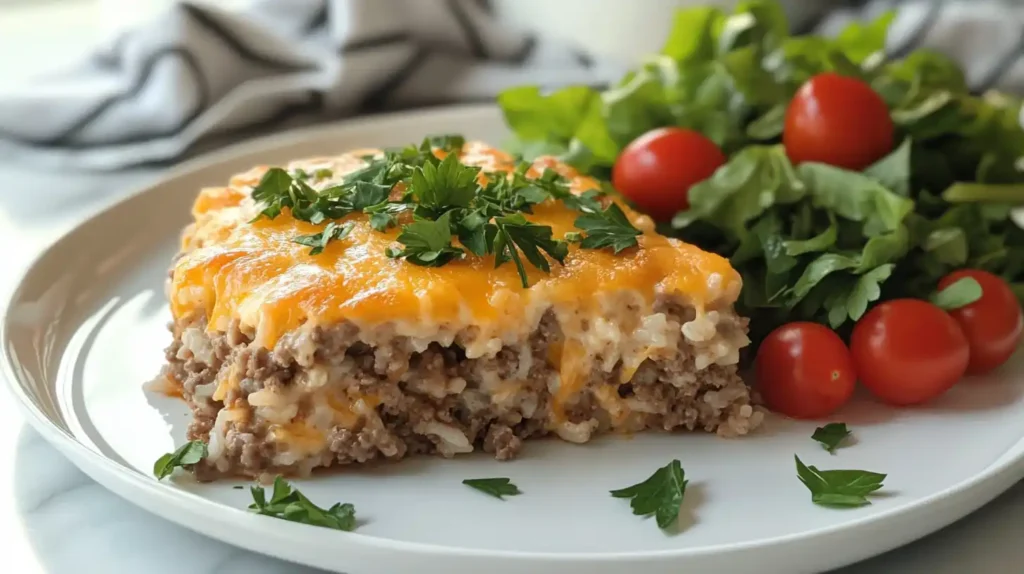 A slice of hamburger rice casserole served on a white plate with a side of fresh green salad.