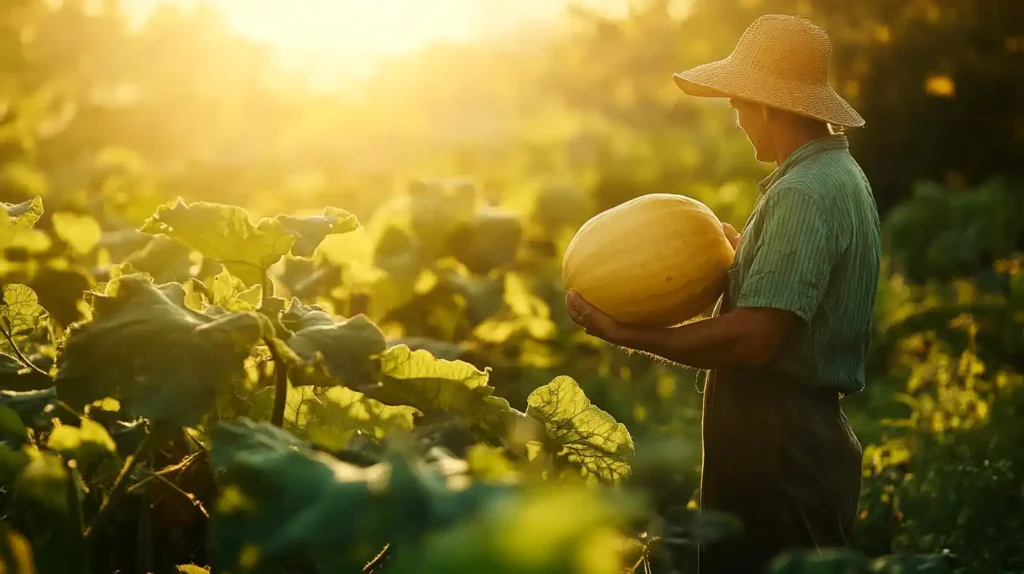 A farmer holding a freshly harvested Chinese squash in a lush green field.