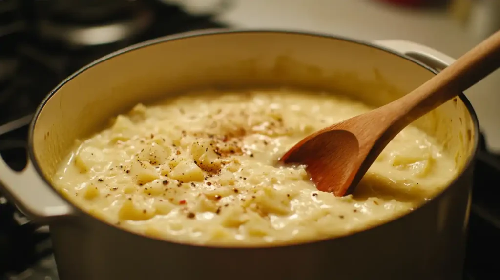 A pot of hash brown potato soup simmering on the stove, being stirred with a wooden spoon.