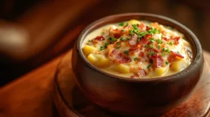 A warm bowl of creamy hash brown potato soup topped with cheese, bacon, and chives.