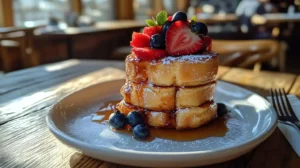 A plate of golden Hawaiian Roll French Toast topped with fresh berries and maple syrup.