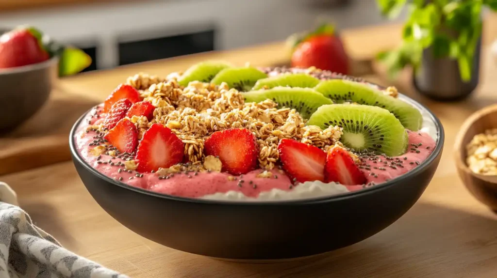 A smoothie bowl with blended cottage cheese, fresh fruit slices, granola, and chia seeds.