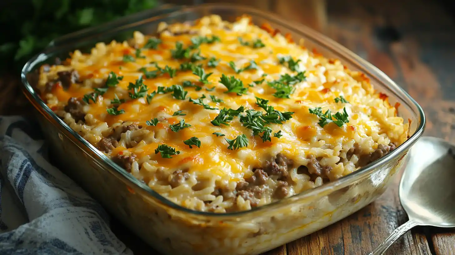 A hot, golden-brown Hamburger Rice Casserole in a casserole dish with melted cheese and fresh parsley on top.