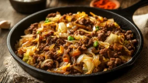 A hearty skillet filled with ground beef, cabbage, onions, and seasonings for a Hamburger Cabbage Recipe.