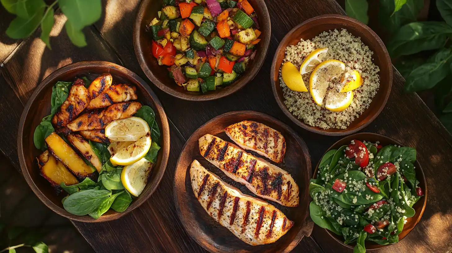 A spread of vibrant high protein dinner recipes, including grilled chicken, salmon, quinoa, and fresh vegetables.