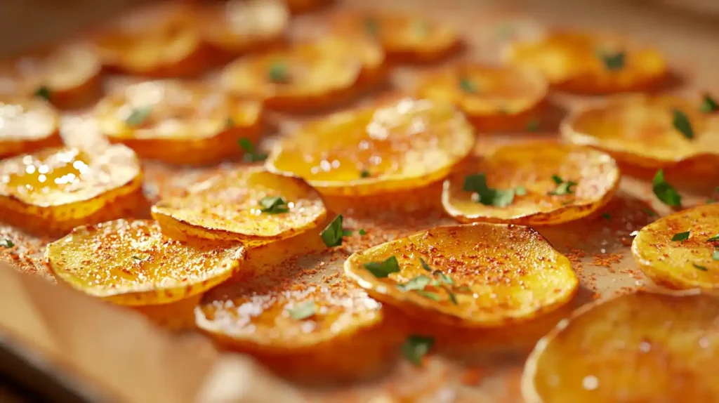 Baked chips on a tray with paprika and herbs