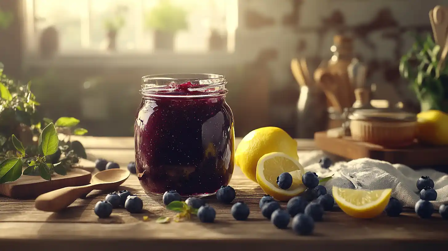 Glass jar of homemade blueberry preserves surrounded by fresh blueberries and lemon slices on a rustic table