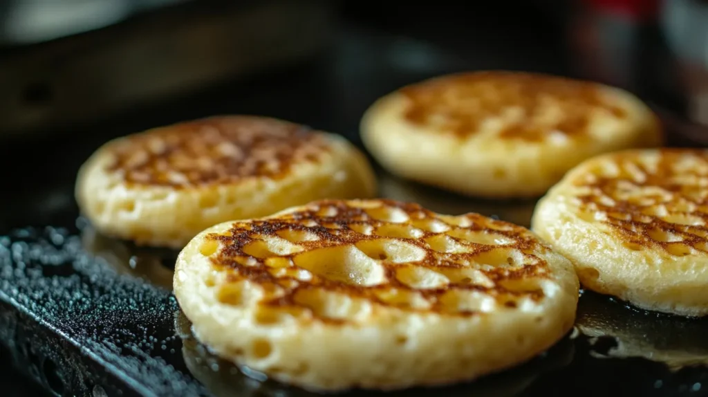 Freshly cooked crumpets on a griddle