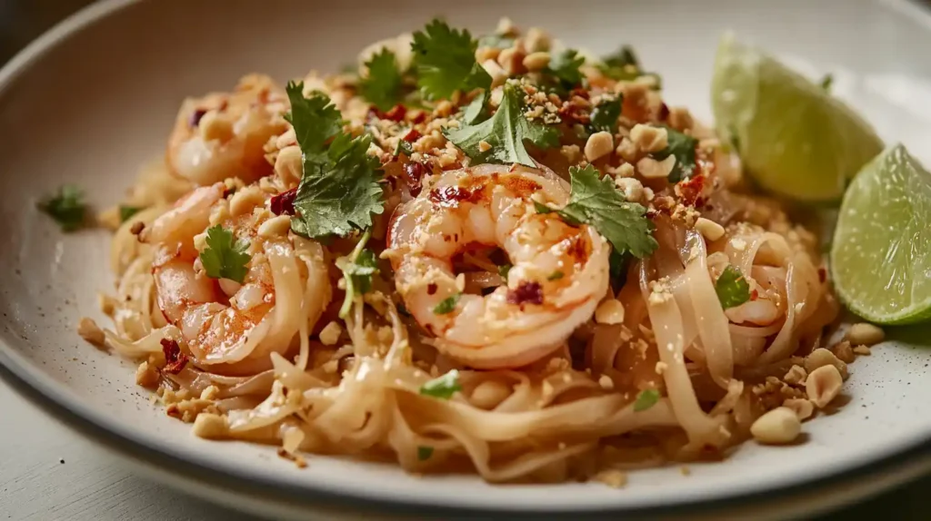 A beautifully garnished plate of Pad Thai with shrimp, peanuts, lime wedges, and cilantro.