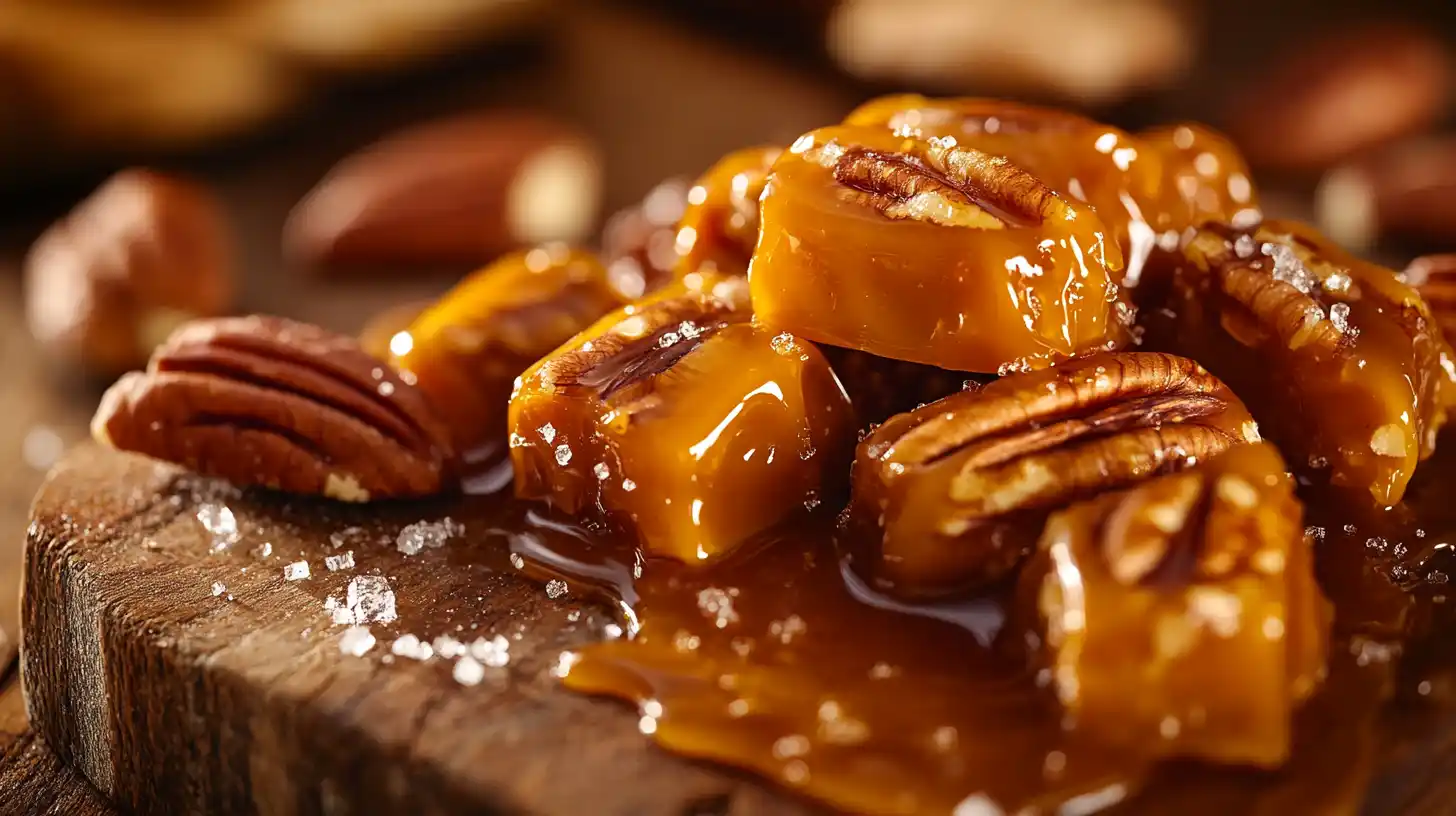 Golden pecan candy pieces on a rustic wooden board with pecans.