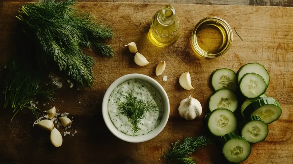 Fresh tzatziki sauce with cucumbers, dill, and garlic