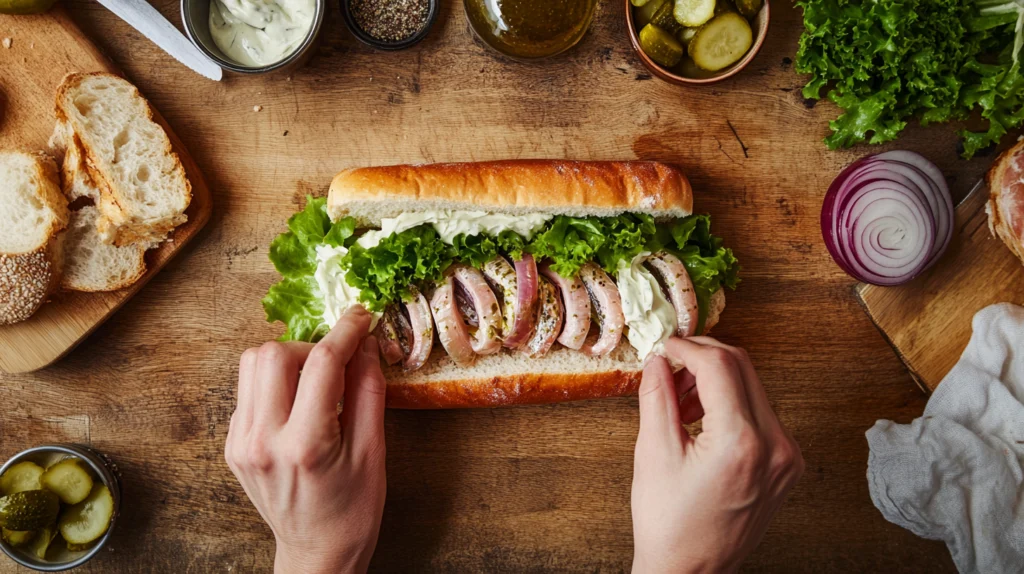 Assembling a Matjesbrötchen sandwich step by step.