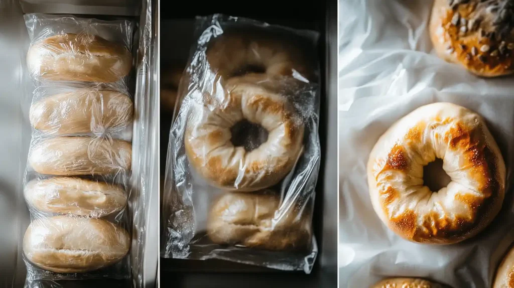 Steps for freezing and reheating bagels.