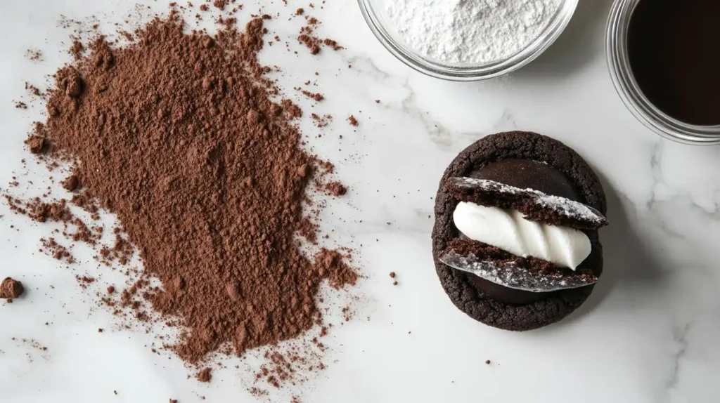 Ingredients of Fudge Rounds laid out with a cookie in the center.