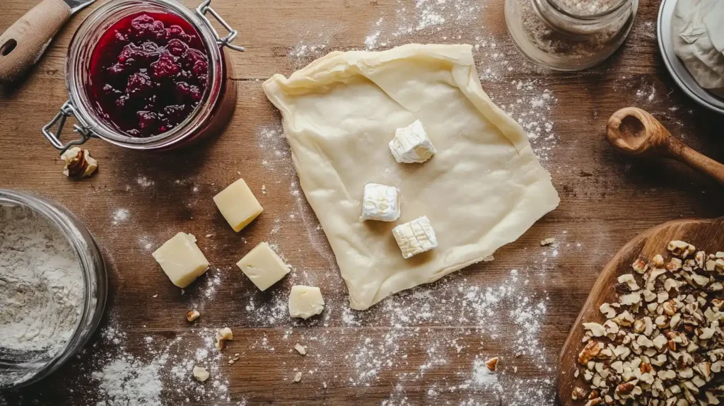 Ingredients for making Brie cheese bites, including puff pastry, Brie, cranberries, and pecans, displayed neatly.