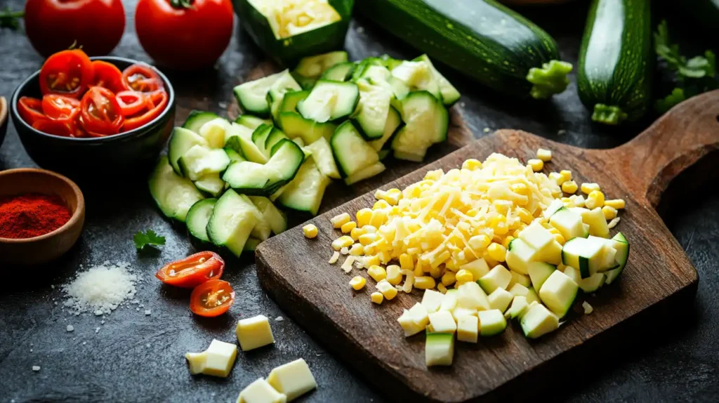 Fresh ingredients for Calabacitas Con Queso on a wooden board.