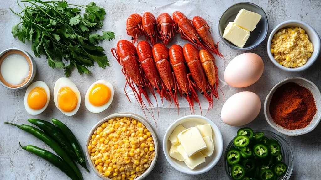 A display of fresh ingredients for crawfish cornbread, including crawfish tails, cornmeal, eggs, and jalapeños.