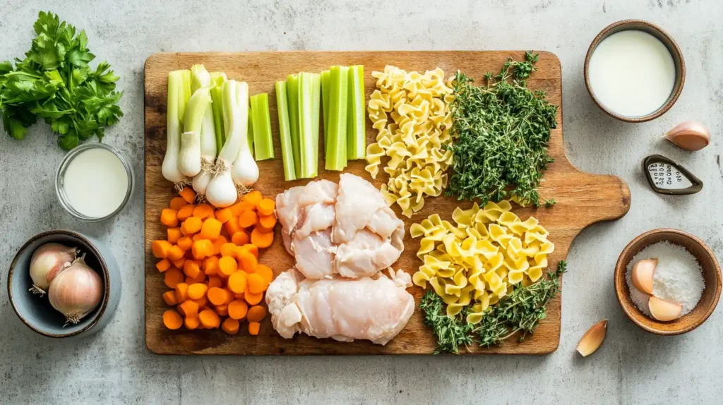 Fresh ingredients for creamy chicken noodle soup on a wooden cutting board.