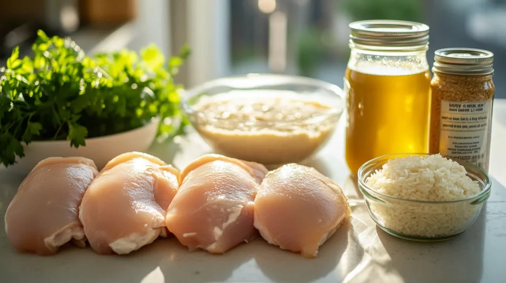 Ingredients for Forgotten Chicken Recipe neatly arranged on a kitchen countertop