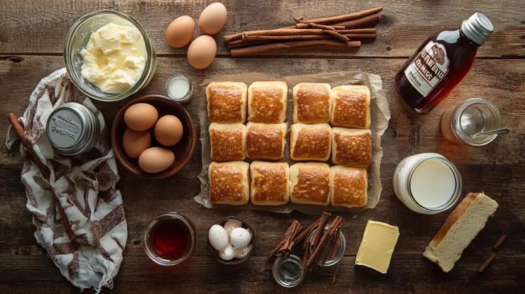 Ingredients for Hawaiian Roll French Toast neatly arranged on a wooden counter.