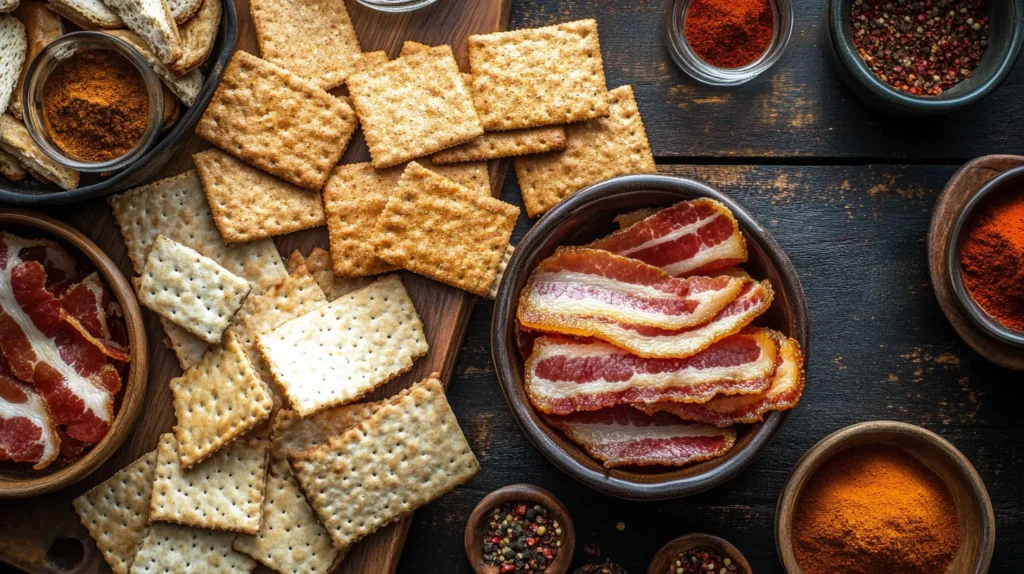 A platter of crispy bacon-wrapped crackers on a rustic wooden table.