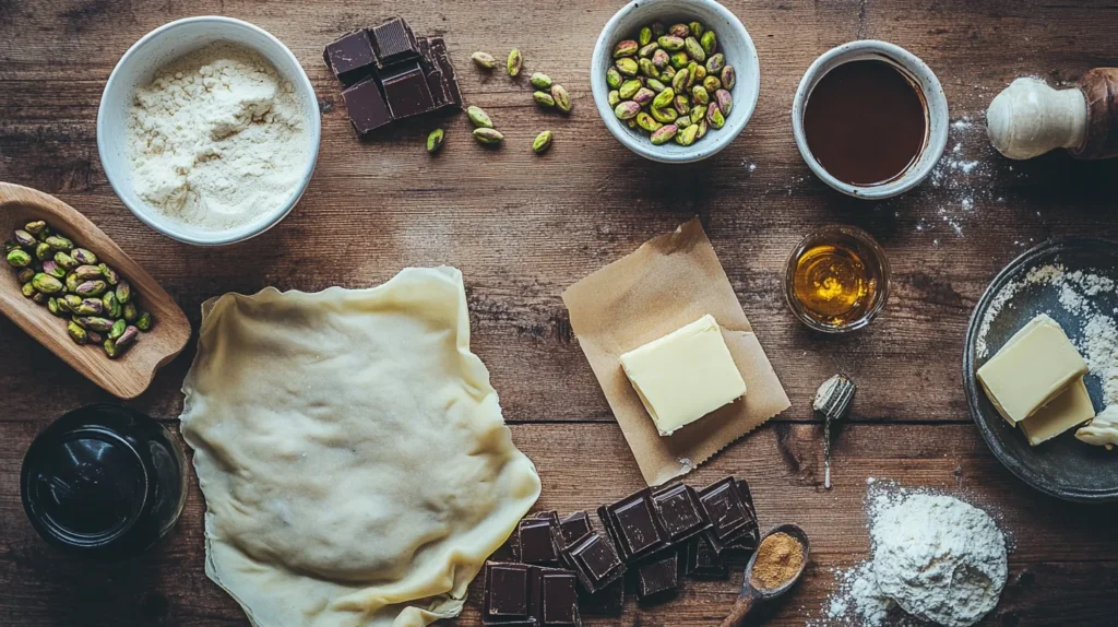 Ingredients for knafeh pistachio chocolate bar displayed on a countertop.