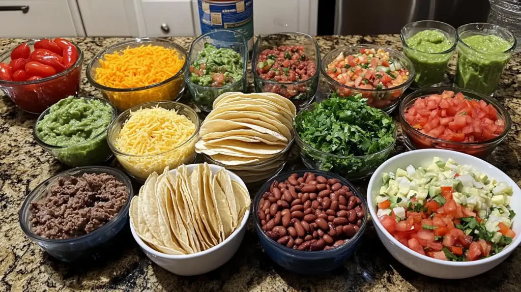 Fresh ingredients for mini tacos arranged on a counter.