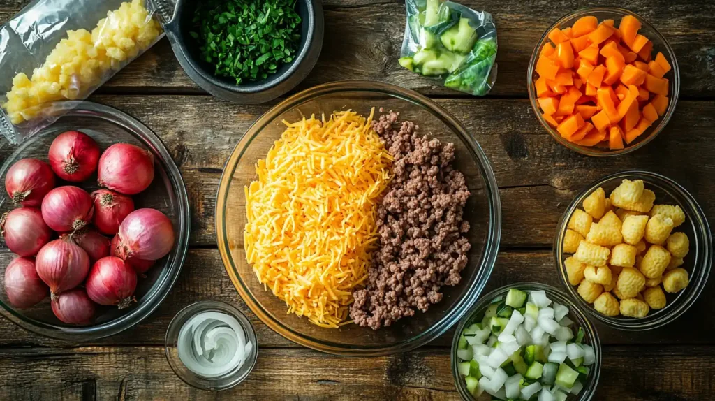 Fresh ingredients for hotdish including ground beef, onions, mixed vegetables, cheese, and tater tots.