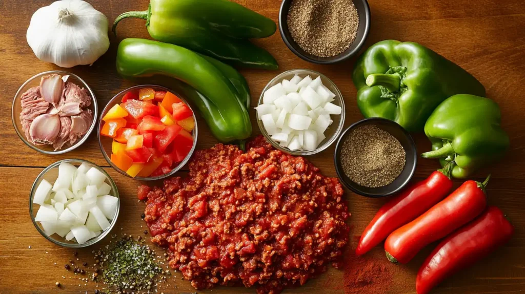 Fresh ingredients for steak and beef chili, including steak, ground beef, peppers, onions, spices, and tomatoes.