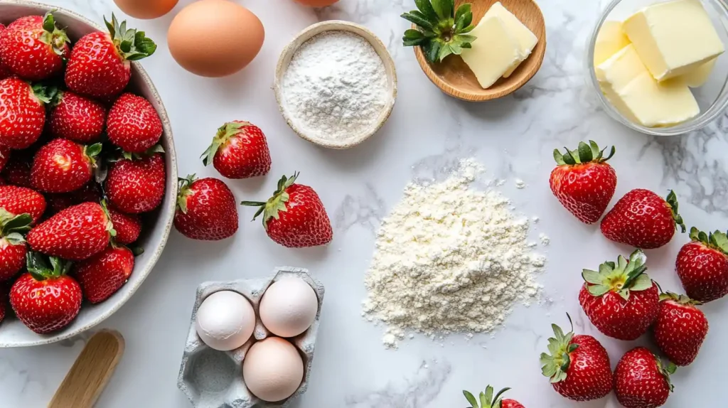 Ingredients for strawberry cheesecake cookies arranged on a countertop.