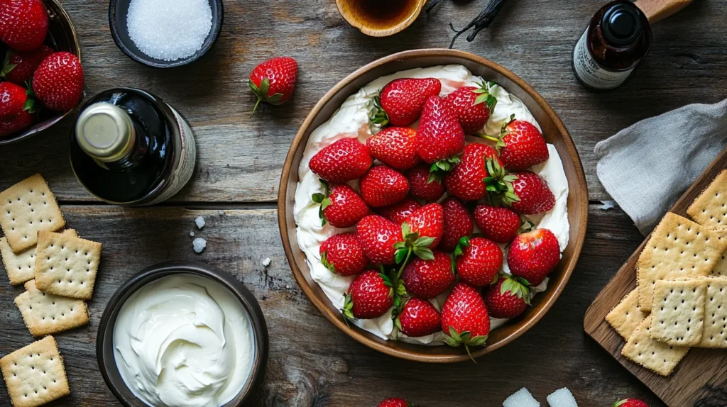 Ingredients for making strawberry cheesecake ice cream, including fresh strawberries, cream cheese, and heavy cream.