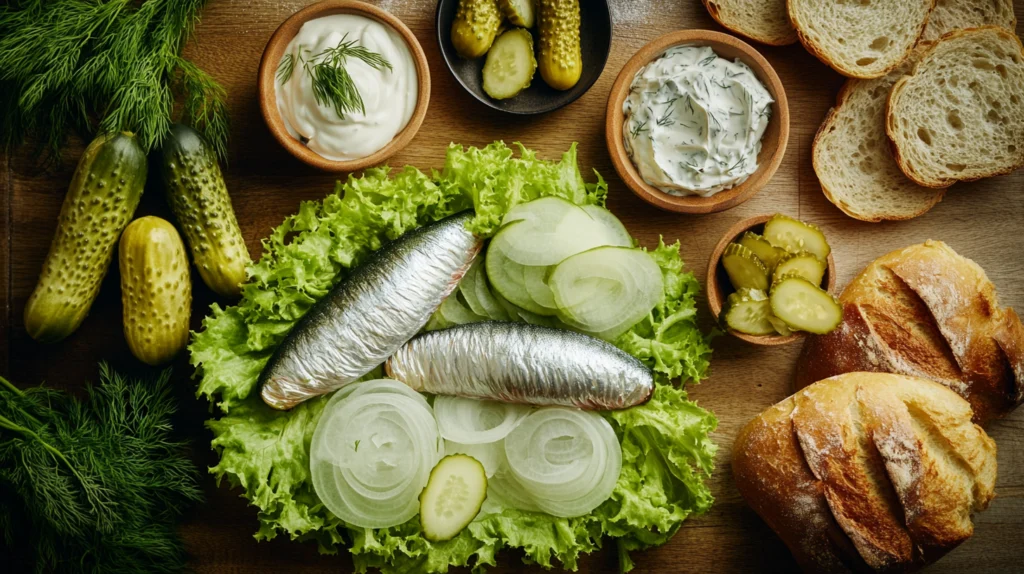 Ingredients for Matjesbrötchen neatly arranged.