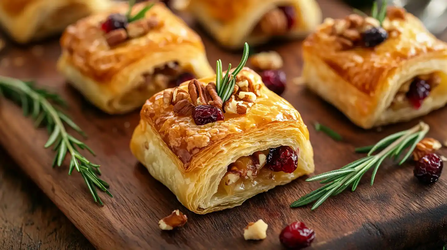 Golden, flaky Brie cheese bites served on a wooden board with cranberries and nuts.