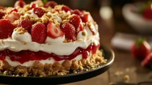 A beautifully decorated strawberry crunch cake with golden crumbs and fresh strawberries on top.