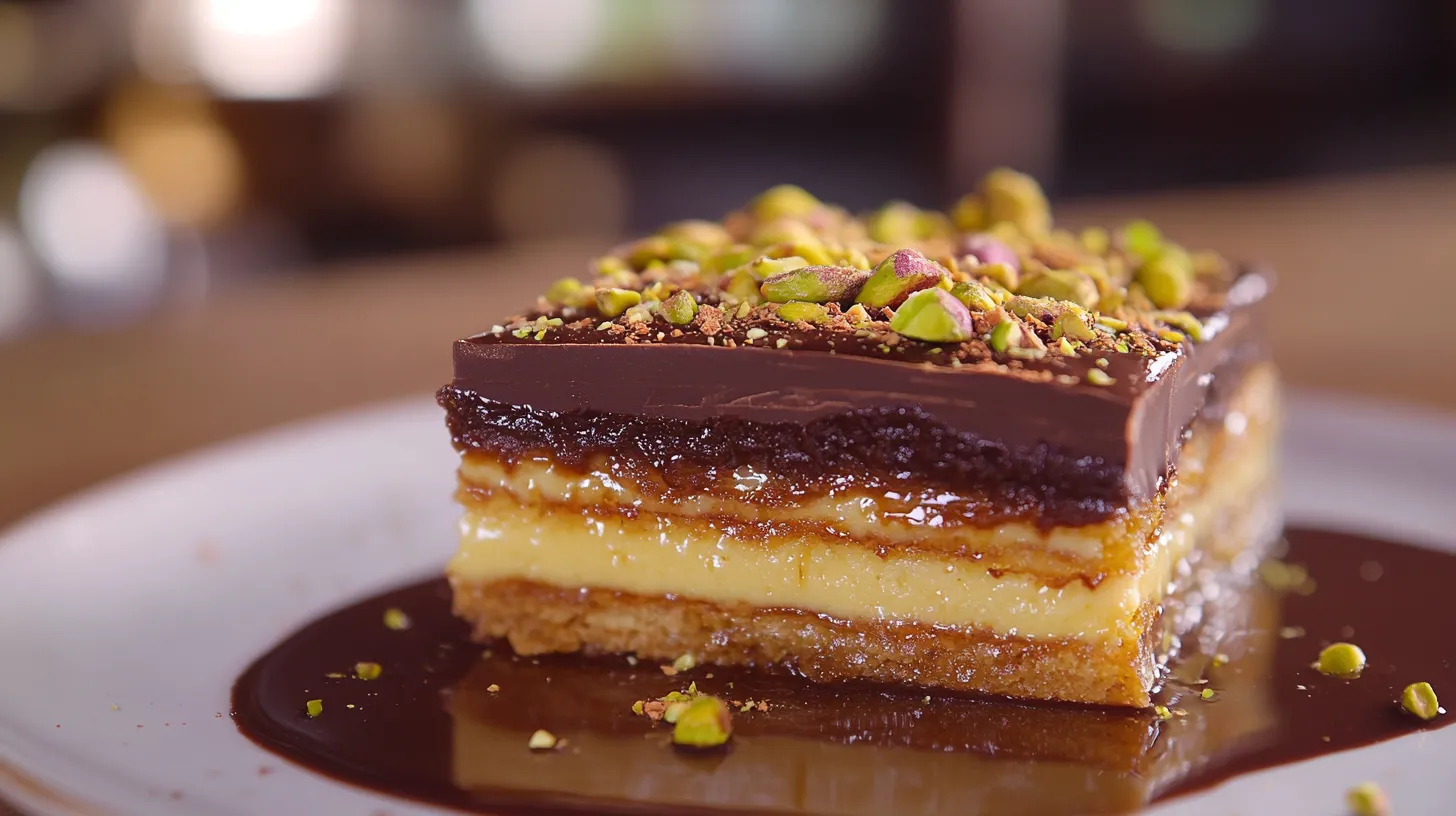 Knafeh pistachio chocolate bar with layers of pistachios, chocolate, and creamy filling.