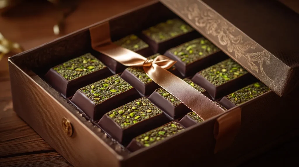 A gift box of knafeh pistachio chocolate bars tied with a ribbon.