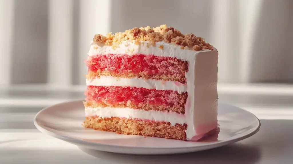 A slice of strawberry crunch cake showing the layers of pink cake, white frosting, and crunchy topping.