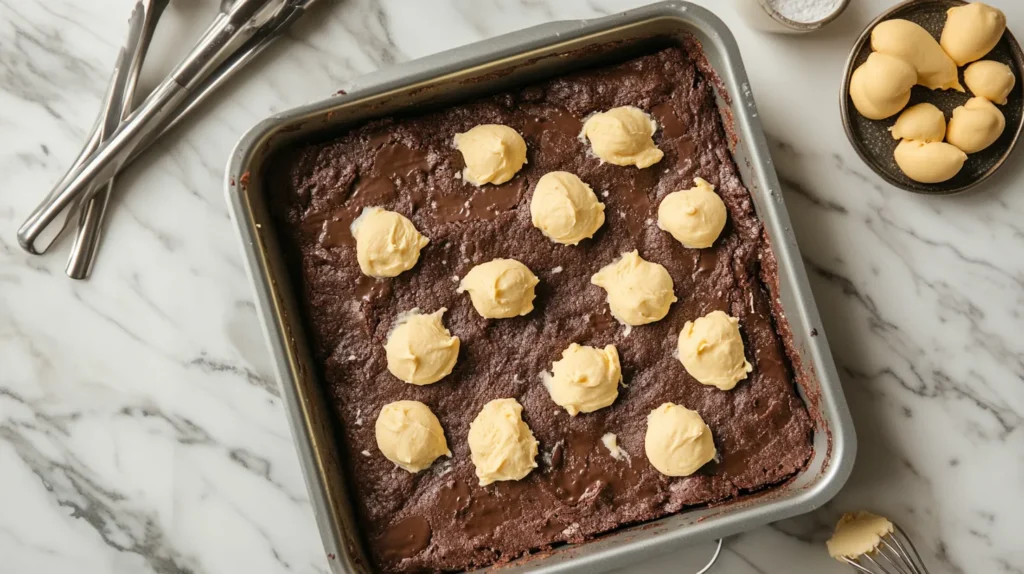 Preparing brookie layers: brownie batter and cookie dough in a baking pan.